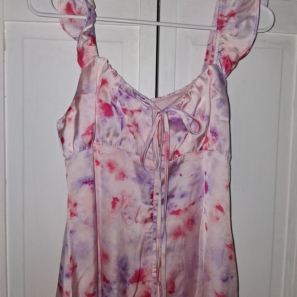 Emily Wonder Soft Pink Floral Tie-Dye Ruffle Strap Mini Dress - Picture 13 of 15